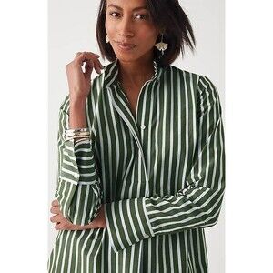 J. Jill Cotton Stand Collar Tunic Blouse Olive Green & White Striped Medium